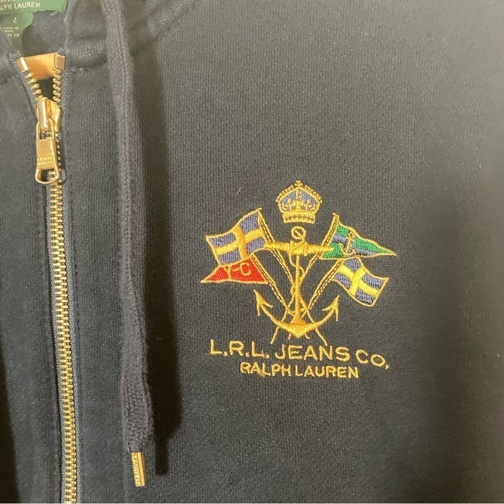 LRL Lauren Jeans Co Ralph Lauren nautical logo zip up hood sweater striped L - Picture 2 of 6